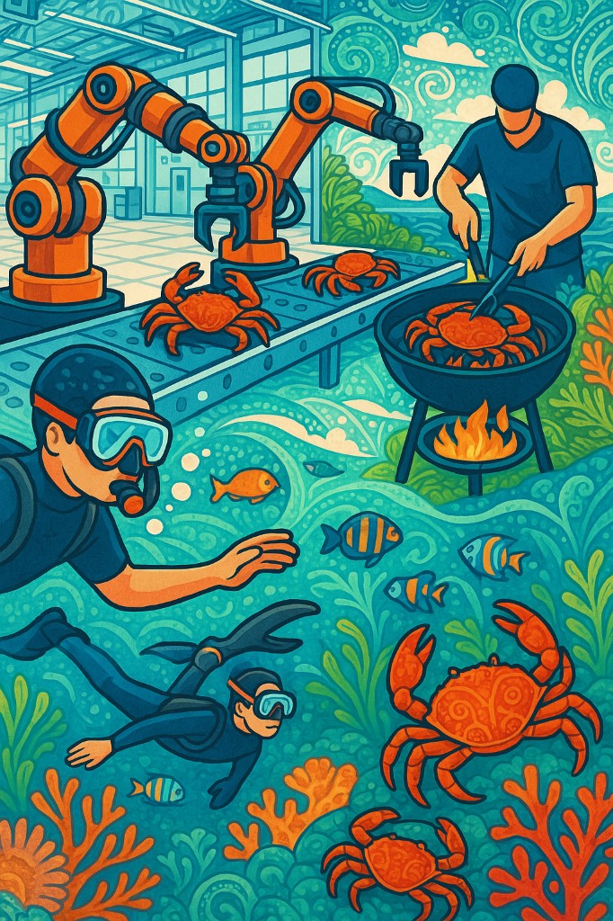 Stylized illustration in teal and orange: a factory robotic arm moves crabs along a conveyor belt; a person tends a kettle grill with crab over flames; below, scuba divers swim among orange crabs, fish, and coral in patterned water.