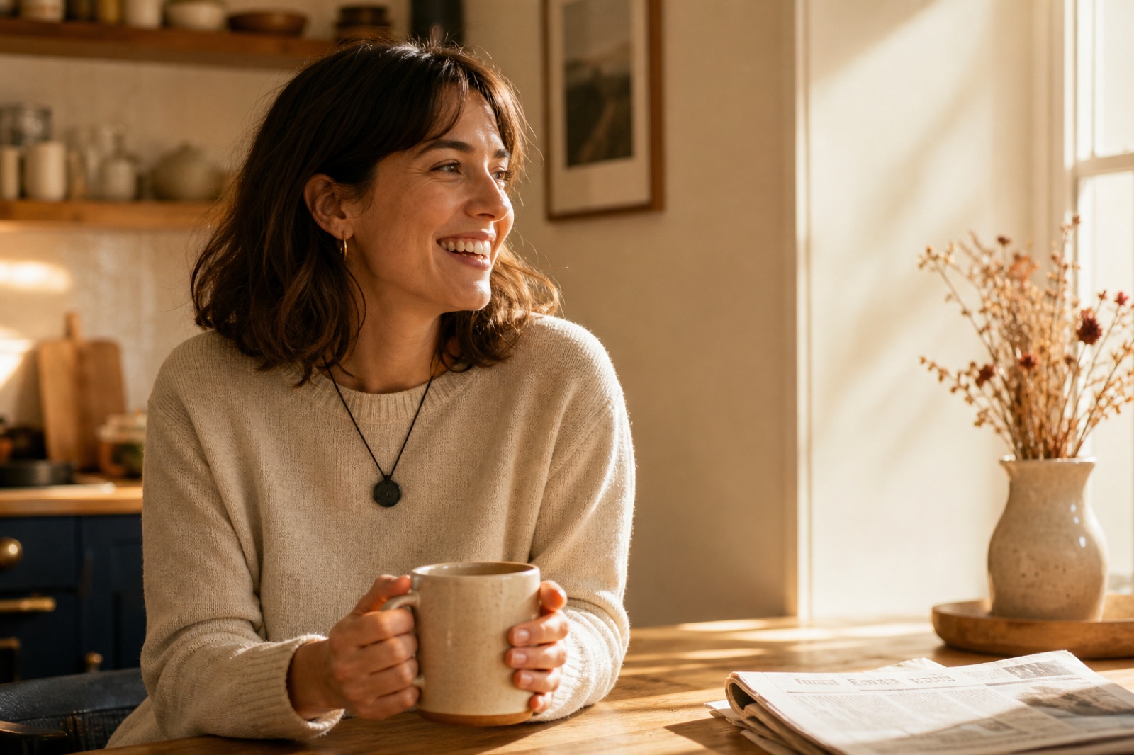 A woman in an oatmeal sweater laughs over a morning cup of coffee at a sunlit kitchen counter, wearing a small black Omi pendant on a thin cord around her neck.